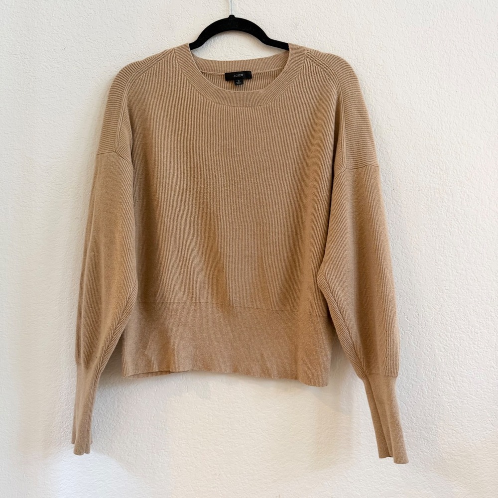 J.Crew‎ Womens Ribbed Knit Balloon Sleeve Crewneck Sweater Camel Tan Small